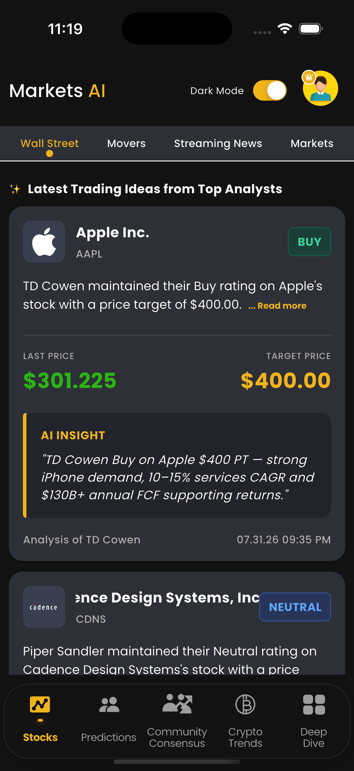 Live news and analyst summaries screen