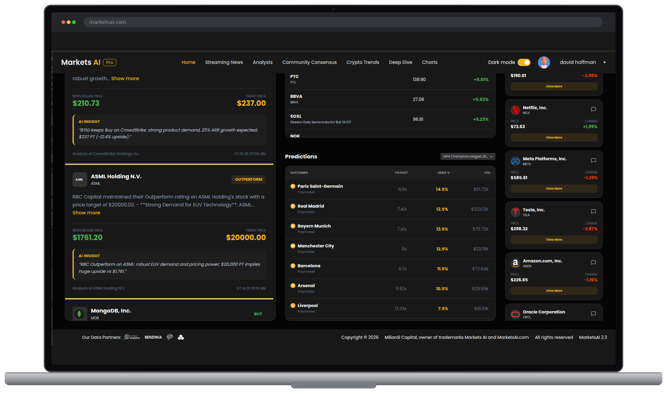 Markets AI dashboard on laptop with the Predictions panel showing UEFA Champions League outcomes, payouts and odds